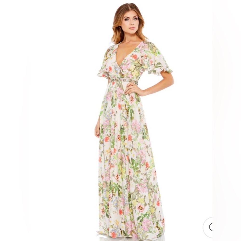 MacDuggal Floral Print Faux Wrap Flutter Sleeve A line gown NWT perfect